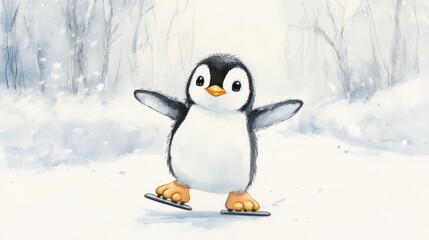 Fototapeta premium Cute penguin ice skate cartoon style