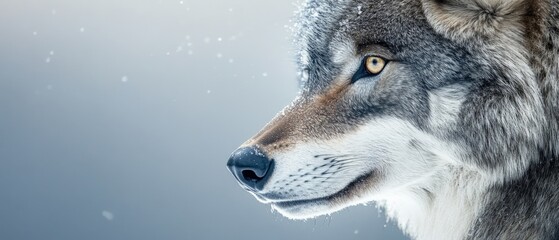 close-up of a gray wolf with snow falling