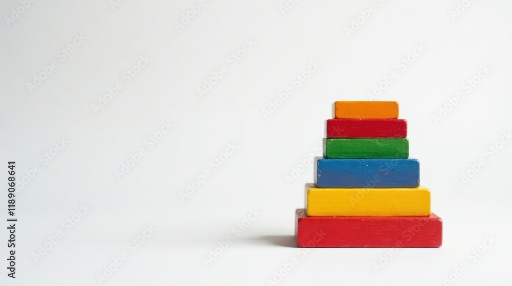 Poster Colorful Wooden Blocks Stacked in a Pyramid Shape on White Background