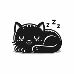 A stylized, black and white illustration of a cat soundly sleeping.