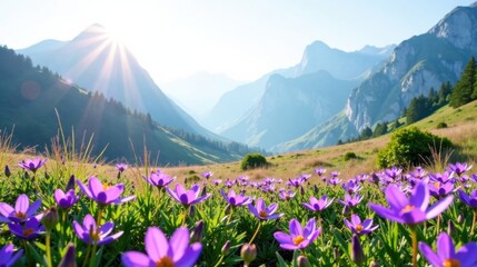 Serene Mountain Meadow with Vibrant Purple Flowers at Sunrise