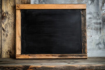 Horizontal blank chalkboard framed with rustic wood against a plain backdrop for educational or presentation use, ideal for teachers and event planners looking for versatile displays