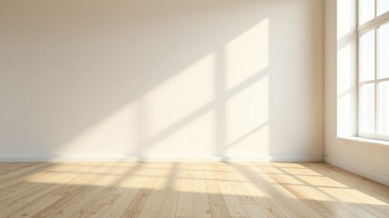 Sunlight streams through a large window illuminating a room with light hardwood flooring and neutral walls.
