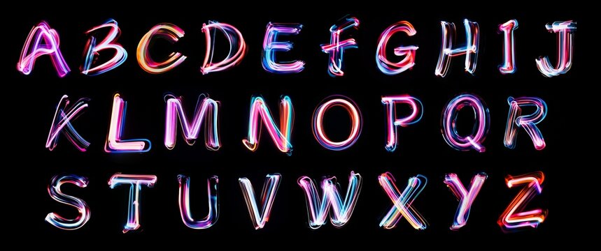 Alphabet light painting, set of colorful letters in vibrant hues on a black background, neon typography