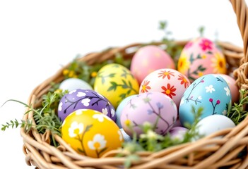 Collection set of a basket of colorful hand-painted decorated easter eggs on white background cutout file. Many different designs. Mockup template for artwork design