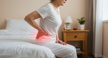 Elderly Woman Experiencing Back Pain, Holding Lower Back in Pain, Sitting on Bed with Pain Glow