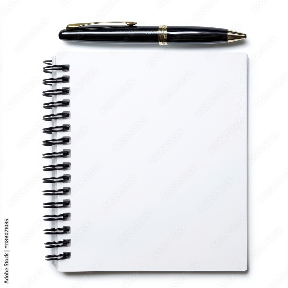 Poster a blank notepad with a spiral binding, accompanied by a black pen, perfect for jotting down ideas or