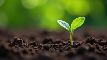 Fototapeta premium A tiny sprout emerges from dark earth, reaching towards sunlight and a vibrant green background.
