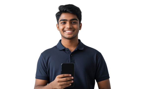 Smiling young Indian man in a navy blue polo shirt holding a black smartphone and looking directly at the camera. The white background highlights a modern and approachable vibe.