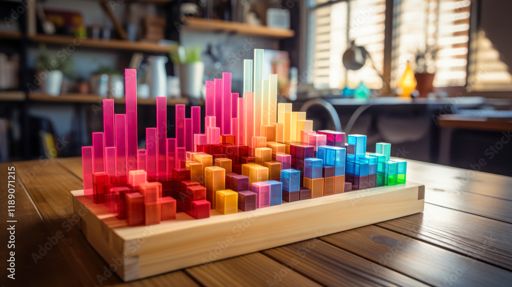 Poster colorful 3d sound wave art display made from transparent blocks on a wooden table in a modern worksp