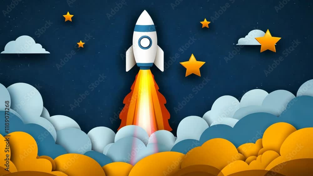 Poster rocket launching into space with vibrant clouds and stars in a colorful cosmic background