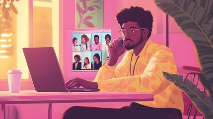 Man participates in virtual meeting using laptop