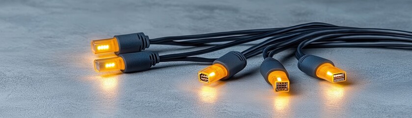 Multiple Electric Cables with Yellow Connectors on a Grey Surface for Power Connection