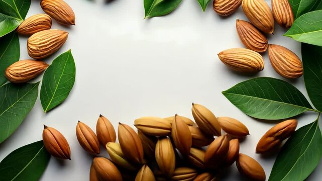 Freshly harvested almonds and leaves arranged artistically on a clean surface showcasing nature's bounty