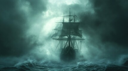 Obraz premium Sailing ship in stormy sea, dark clouds, fog, mystery.