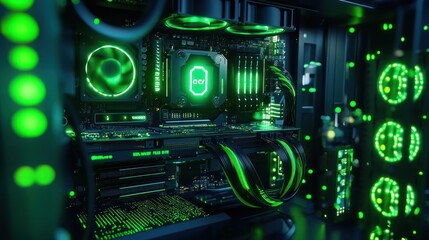 Fototapeta premium Illuminated green PC components, motherboard, CPU cooler, RAM, fans, cables.