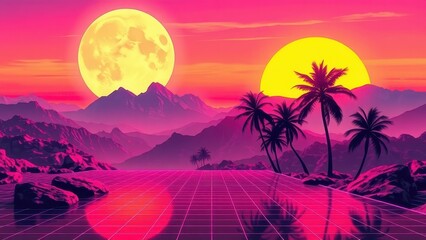Retro synthwave landscape, neon sunset, purple mountains, glowing sun, palm trees silhouette, reflective road, vibrant colors, 80s aesthetic, vaporwave, digital art, outrun style, sci-fi horizon, dram