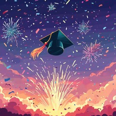 Naklejka premium Graduation Cap Soars Amidst Festive Fireworks and Confetti