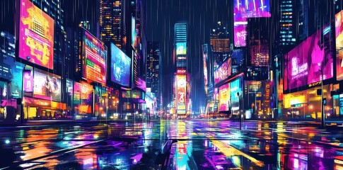 Obraz premium Vibrant City Street at Night Under Rain