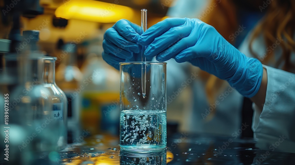 Poster scientist's hands in blue gloves using a pipette to add liquid into a beaker in a lab.