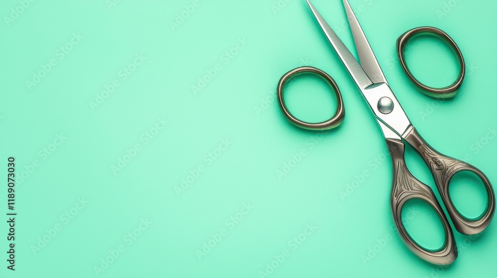 Poster a pair of scissors rests on a mint green background, accompanied by two circular objects, emphasizin