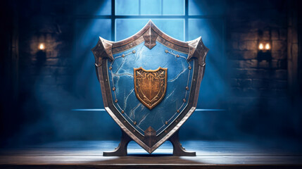 Fototapeta premium Shield displayed in a medieval room with dramatic lighting and stone walls enhances the fantasy atmosphere