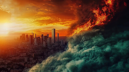 Climate change impacts include floods droughts and the need for adaptation. Dramatic Cityscape with Fiery Clouds at Sunset Over Skyline