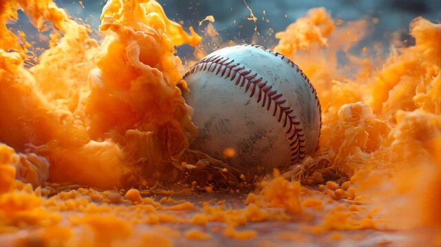 Close-up of a baseball surrounded by dynamic orange clouds, symbolizing action, energy, and sports passion
