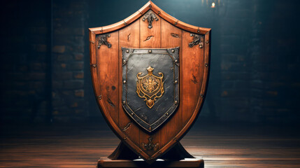 Wooden shield displayed in a dimly lit medieval setting showcasing intricate designs