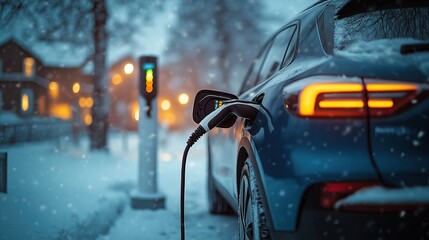 Snowy winter evening. Blue EV car charging at a station. Calm serene landscape. Modern tech in eco friendly environment. Quiet scene. Winter wonderland.