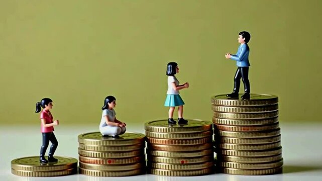 Miniature men and women sitting on coins of varying heights, representing the concept of the gender pay gap.