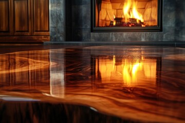 Polished wood table reflects fireplace flames