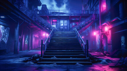 Mysterious urban stairway in atmospheric neon lighting at night