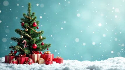Obraz premium A Festive Winter Scene with a Decorated Christmas Tree and Wrapped Presents in the Snow