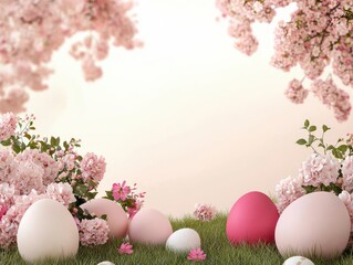 Fototapeta premium Colorful Easter eggs amidst blooming cherry blossoms in spring.