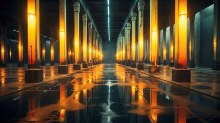 Dramatic warehouse interior with illuminated columns reflecting on a wet floor during the evening