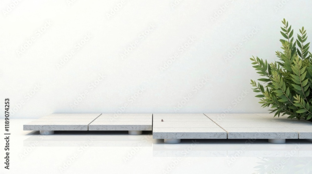 Poster Minimalist display platform with speckled stone tiles and greenery