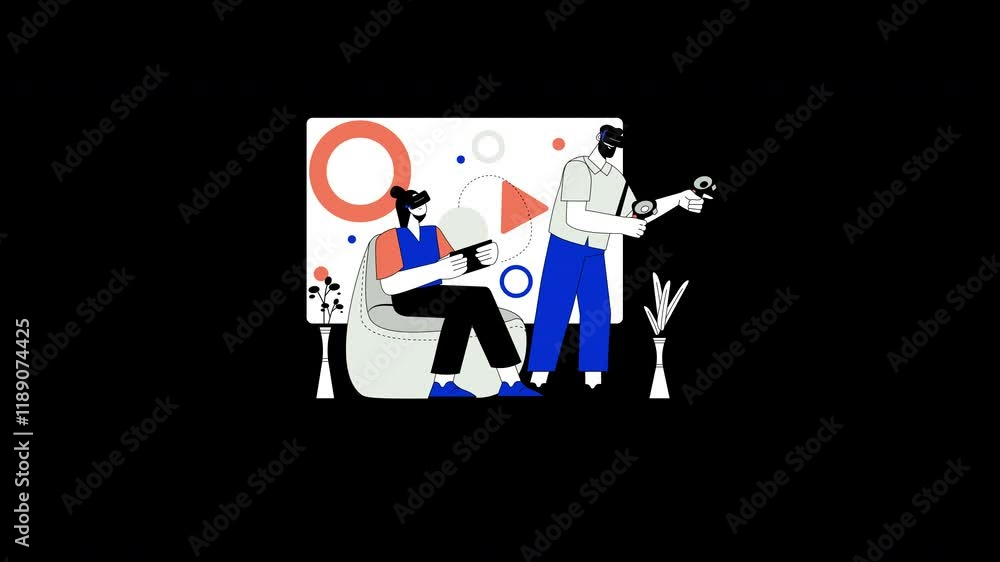 Poster two men engaging in virtual reality gaming in a modern, artistic setting with abstract shapes.