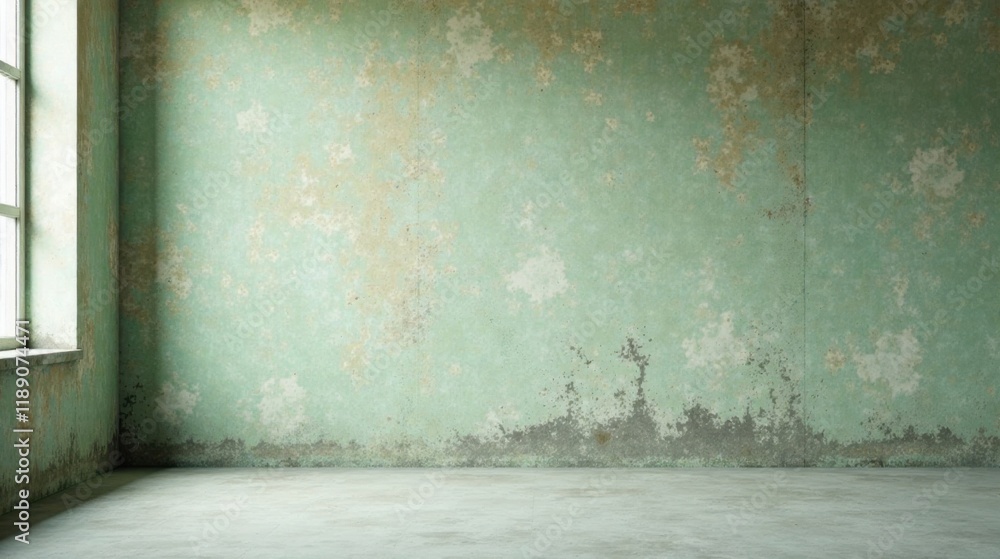 Poster Empty Room with Weathered Green Walls and Single Window