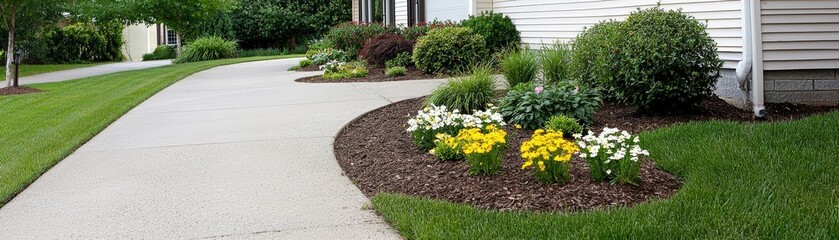 Beautifully Landscaped Front Yard with Colorful Flowers and Well-Maintained Pathway