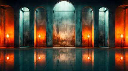 Serene interior of an artistic space with vibrant lighting and reflective surfaces at twilight