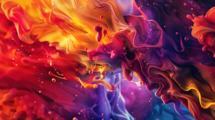 a mesmerizing fusion of fluid shapes and vibrant colors, white space in the center of the page for text, vibrant and dynamic hues swirling against a dark