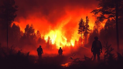 Fototapeta premium Firefighters Facing an Intense Forest Fire at Night