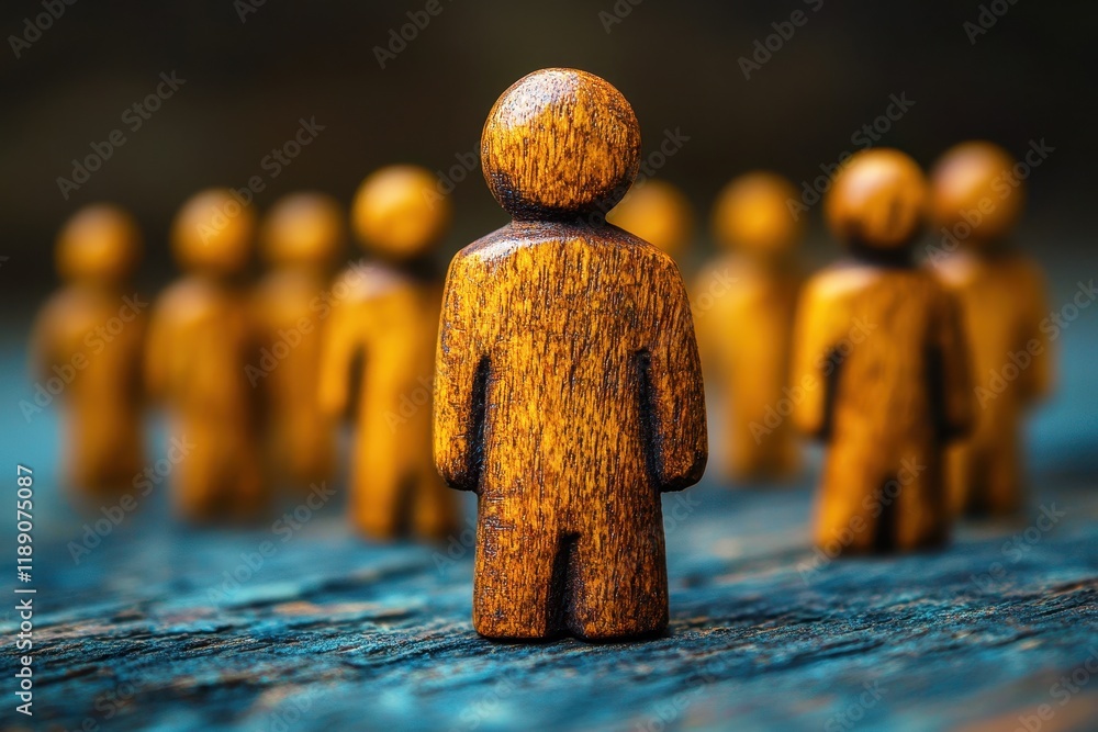 Poster wooden figurines of diverse people in focus with blurred background on rustic surface displaying com
