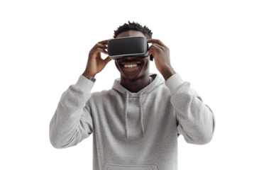 Smiling young man in a gray hoodie adjusting his VR headset with a confident expression. The soft white background enhances the modern and tech-focused vibe.

