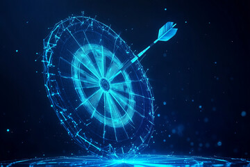 Smart goal setting, dart hit the center of dartboard glowing blue. Low polygon, particle, and triangle style design.Wireframe light connection structure.
