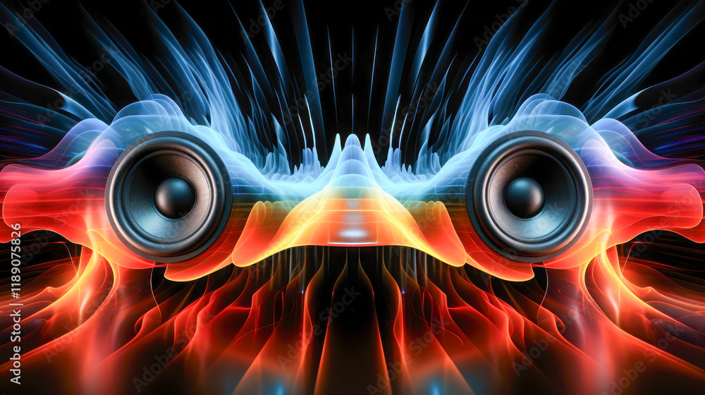 Poster colorful sound waves emanating from speakers create a captivating visual display of audio energy and
