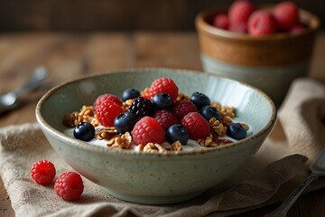 A vibrant bowl of creamy yogurt, adorned with a colorful array of plump berries and a sprinkling of crunchy granola, presented in a rustic ceramic dish.
