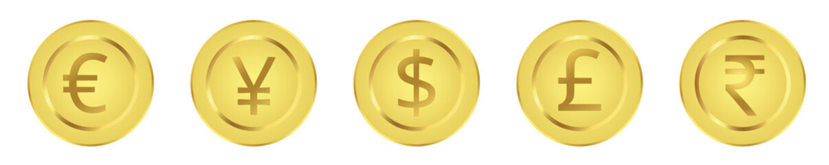 Global Currencies Featuring Euro, Yen, Dollar, Pound, and Rupee Symbols on Gold Coins Transparent Background PNG Image