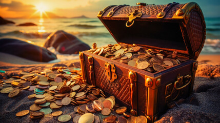 Treasure chest overflowing with coins on a sandy beach at sunset by the ocean waves